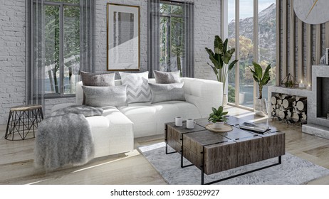 A Modern Rustic Interior Living Area, Designed And Rendered By Yours Truly. The Design Approach Is Functionality, Comfortability, And A Glimpse Of Nature.