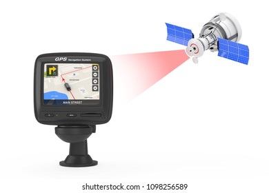 Modern Satelite Broadcasting to Navigation GPS Device with City Map on the Screen on a white background. 3d Rendering