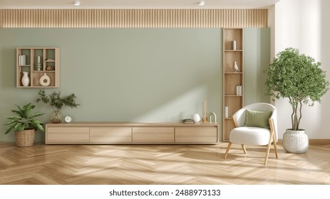 Modern scandinavian interior ,empty wall space for tv,wood shelf and green wall, 3d render