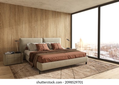 Modern Scandinavian And Japandi Style Bedroom Interior Design With Bed Terracotta Color, Wood Panels On Wall And Floor. 3d Render Illustration.