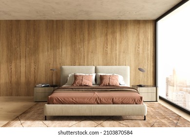 Modern Scandinavian And Japandi Style Bedroom Interior Design With Bed Terracotta Color, Wood Panels On Wall And Floor. 3d Render Illustration.