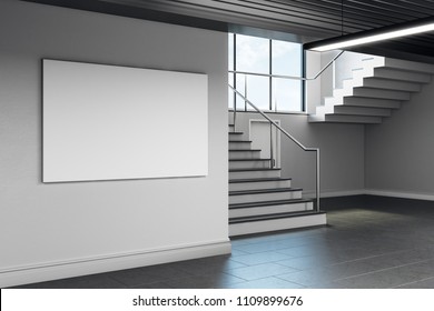 Modern School Corridor Interior With Empty Banner On Wall. Advertisement Concept. Mock Up, 3D Rendering 