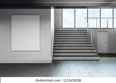 Modern School Corridor Interior With Empty Poster On Wall. Advertisement Concept. Mock Up, 3D Rendering 