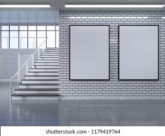 Modern School Corridor Interior With Empty Poster On Wall. Mock Up, 3D Rendering Illustration