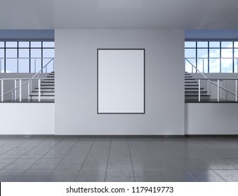 Modern School Corridor Interior With Empty Poster On Wall. Mock Up, 3D Rendering Illustration