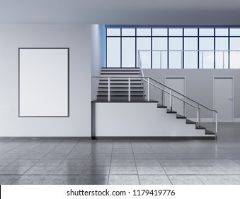 Modern School Corridor Interior With Empty Poster On Wall. Mock Up, 3D Rendering Illustration