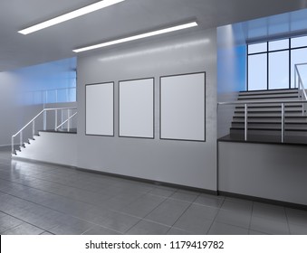 Modern School Corridor Interior With Empty Poster On Wall. Mock Up, 3D Rendering Illustration