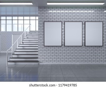 Modern School Corridor Interior With Empty Poster On Wall. Mock Up, 3D Rendering Illustration