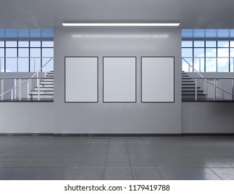 Modern School Corridor Interior With Empty Poster On Wall. Mock Up, 3D Rendering Illustration