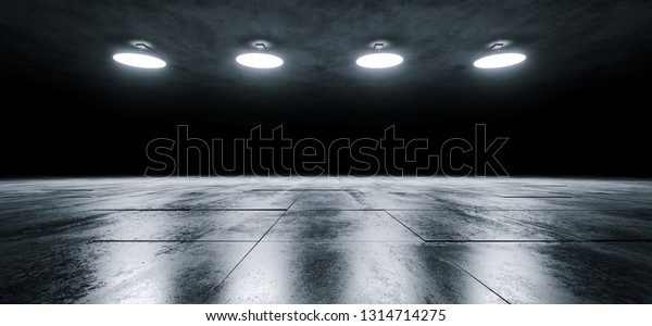Modern Sci Fi Empty Stage Dome Ceiling\
Lights White Glowing On Dark Grunge Reflective Tiled Concrete\
Texture Floor Showroom Stage 3D Rendering\
Illustration