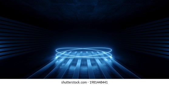 Modern Sci Fi Futuristic Blue Neon Glowing Laser Circle Lights Stage Showroom Underground Catwalk Hangar Technology Background Tunnel Corridor 3D Rendering Illustration