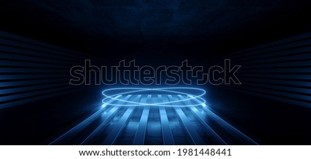 Modern Sci Fi Futuristic Blue Neon Glowing Laser Circle Lights Stage Showroom Underground Catwalk Hangar Technology Background Tunnel Corridor 3D Rendering Illustration Imagine de stoc © 