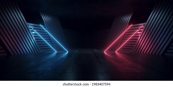 Modern Sci Fi Futuristic Purple Blue Neon Glowing Laser Circle Lights Stage Showroom Underground Catwalk Hangar Technology Background Tunnel Corridor 3D Rendering Illustration