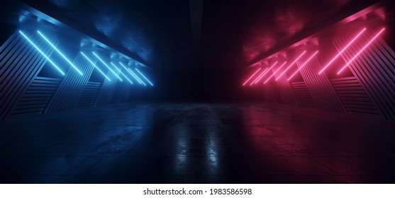 Modern Sci Fi Futuristic Purple Blue Neon Glowing Laser Circle Lights Stage Showroom Underground Catwalk Hangar Technology Background Tunnel Corridor 3D Rendering Illustration