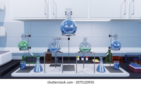 Modern Science Medical Lab With Glass Test Tubes, Beakers, Flasks And Other Research Laboratory Equipment On Workplace Table In Close-up. With No People 3D Illustration From My Own 3D Rendering File.