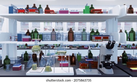 Modern Scientific Research Lab With Microscope, Test Tubes, Flasks And Other Laboratory Equipment On Working Table And Shelves. No People Medical And Science Concept 3D Illustration From My Rendering.