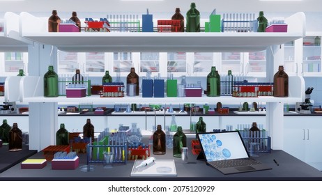 Modern Scientific Research Lab With Tablet Computer, Test Tubes, Flasks And Laboratory Equipment On Workplace Table And Shelf. No People Medical And Science Concept 3D Illustration From My Rendering.