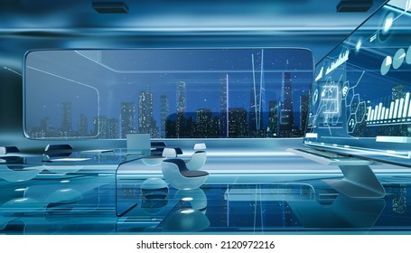 Modern Sci-fi Futuristic Interior Office Design With Green Wall Plant And Beautiful Night Scene Cityscape View. 3d Rendering