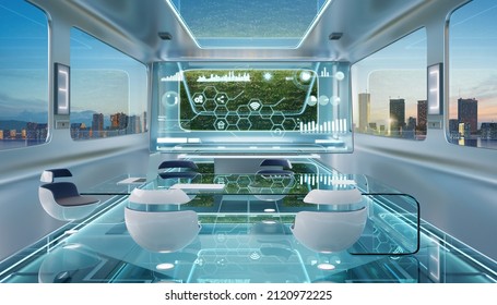 Modern Sci-fi Futuristic Interior Office Design With Green Wall Plant And Beautiful Night Scene Cityscape View. 3d Rendering