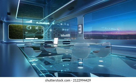 Modern Sci-fi Futuristic Interior Office Design With Green Wall Plant And Beautiful Night Scene Cityscape View. 3d Rendering