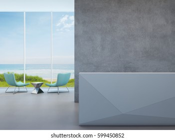 Modern Sea View Lobby With Concrete Wall In Luxury Beach Hotel  - 3D Rendering