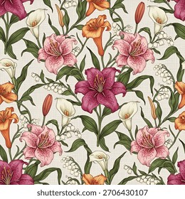 A modern seamless floral repeat pattern featuring small leaves and a single delicate flower motif, set over a textured ground for an elegant, minimal botanical look. Perfect for fabric printing, wallp
