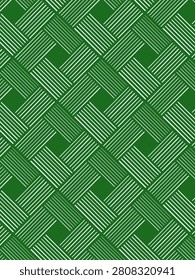 Modern seamless geometric pattern featuring interwoven diagonal stripes that create a clean basket weave effect. This minimalist abstract vector background in green and white is ideal for fabric, wallpaper, wrapping paper, packaging, stationery, home decor, textile printing, web backgrounds, and other surface design applications. The timeless geometric style offers a versatile and elegant decorative pattern suitable for both digital and print projects