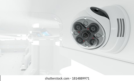 Modern security CCTV camera with Motion sensor. Surveillance and Science lab background concept, 3D Render.