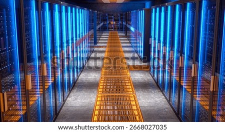 Modern server racks glowing data center 3d