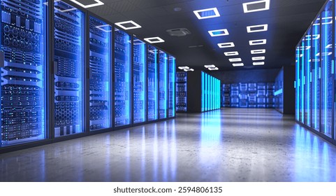 Modern server room data center blue tone 3d background