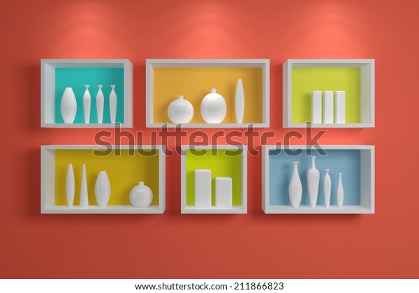 Modern Shelves On Wall Colorful Pottery Stock Illustration 211866823