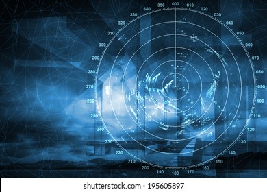 Modern Ship Radar Digital Screen Above Blue Abstract Background