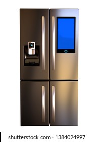 Modern side by side Stainless Steel Smart Refrigerator touch screen. Copy Space, front view. Isolated on a White Background. 3d rendering