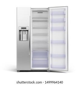 Modern Side By Side Stainless Steel Refrigerator. Fridge Freezer With Open Door Isolated On White Background. 3d Rendering