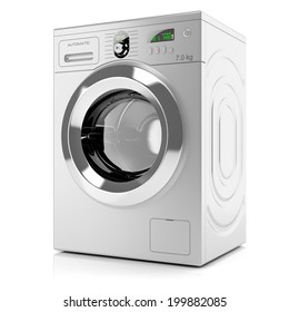 Modern silver washing machine isolated on white background