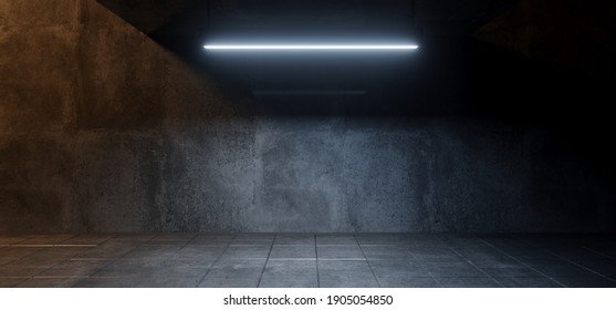 Modern Simple Underground Realistic Light Glowing On Cement Concrete Dark Room Hangar Parking Car Showroom Tiled Floor Background 3D Rendering Illustration