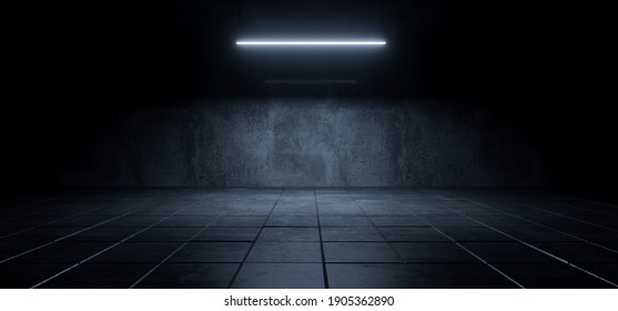 Modern Simple Underground Realistic Light Glowing On Cement Concrete Dark Room Hangar Parking Car Showroom Tiled Floor Background 3D Rendering Illustration