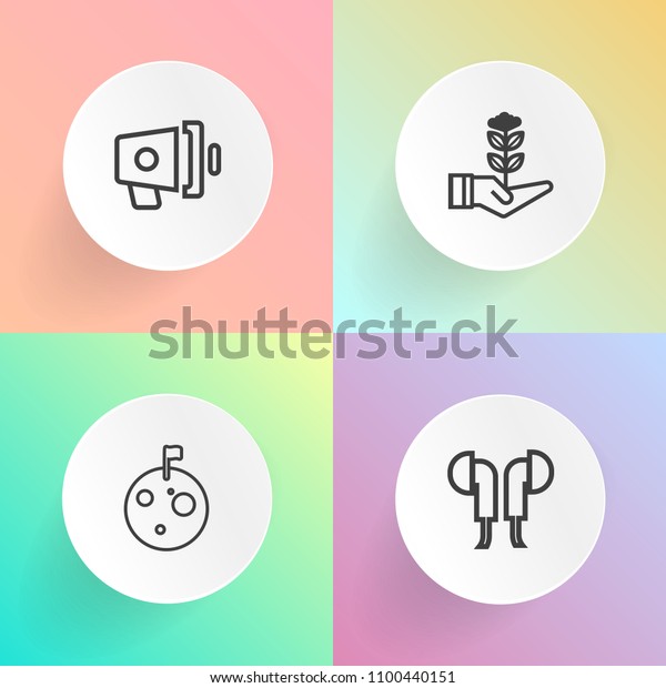 Modern, simple vector icon set on gradient
backgrounds with gadget, universe, planet, announcement,
entertainment, nature, green, garden, sound, equipment, seedling,
earphone, star, speaker
icons