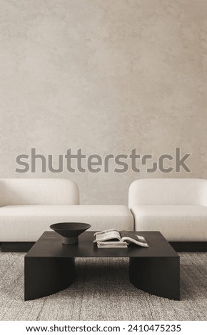 Modern simplistic living room with textured fabric sofa and contrasting black coffee table against a textured wall. 3D Illustration [[stock_photo]] © 