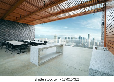 Modern sky lounge  and kitchen on roof top and stunning cityscape view. 3D rendering