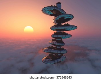 Modern skyscraper above the clouds at sunset.