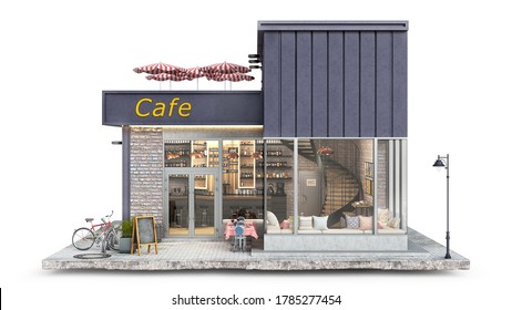 Modern Small Cafe Exterior, 3d Illustration