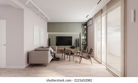 Modern Small Living Room Interior With TV Wall Feature 3D Rendering, 3D Illustration