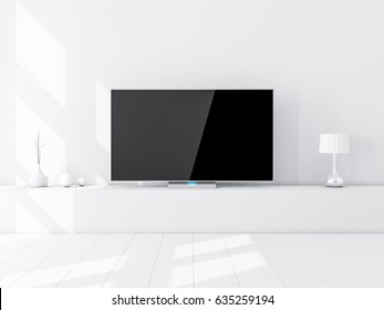 Modern Smart Tv Mockup On Stand, White Living Room. 3d Rendering