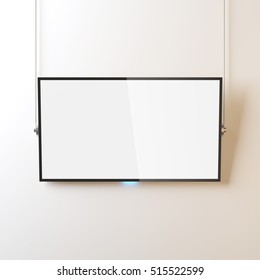 Modern Smart TV Panel Mockup With White Screen Hanging On The Wall By Ropes, 3d Rendering