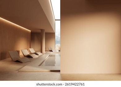 Modern spa interior with empty beige wall for poster mockup, minimalist graphic style, soft lighting, and tranquil indoor space concept, 3D Rendering