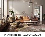 Modern and spacious apartment in an old tenement house. An elegant and luxurious living room with a comfortable sofa and armchair designed in a classic, vintage and mid-century modern style. 3d render