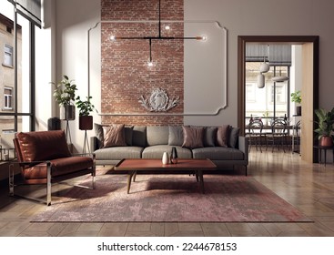 
A modern and spacious apartment in an old tenement house. An elegant and luxurious living room designed in a classic, vintage and mid-century modern style with decorative brickwork. 3d illustration