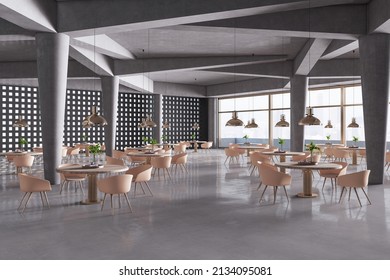 Modern spacious concrete restaurant interior with panoramic city view, tables and chairs. Cafeteria project concept. 3D Rendering