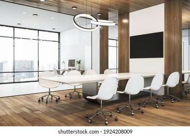 Modern Spacious Conference Room With Wooden Floor And Decoration Elements, White Furniture, Tv Monitor Above Table And City View. 3D Rendering